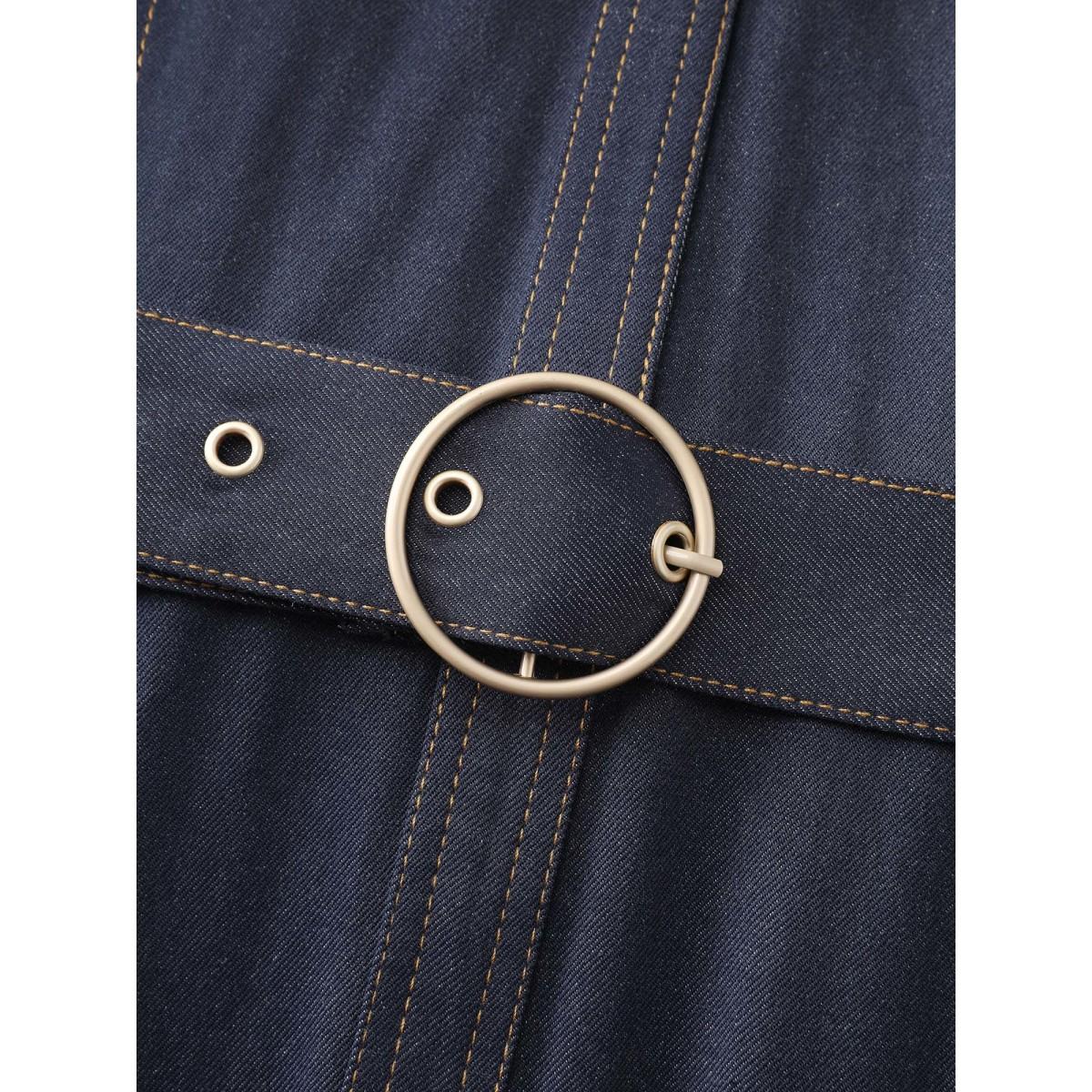 Plus Size Wide Waist Belt Denim Midi Dress Midnight Women Office V-neck Elbow-length sleeve Curvy BloomChic 18-20/2X Product Image