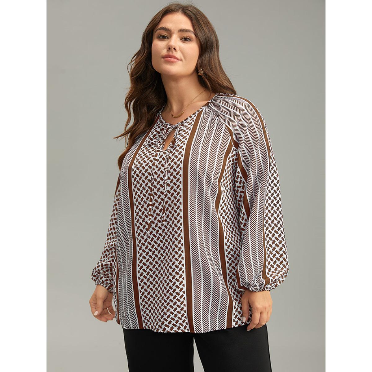 Plus Size Chocolate Geo Striped Tie Lantern Sleeve Blouse Women Resort Long Sleeve Tie Neck Vacation Blouses BloomChic 22-24/3X Product Image