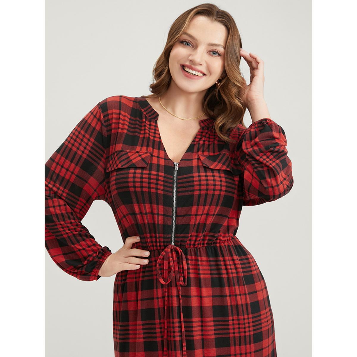 Plus Size Plaid Zip Up Lantern Sleeve Ties Arc Hem Dress Scarlet Women Casual Elastic Waist V-neck Long Sleeve Curvy Midi Dress BloomChic 10/M Product Image