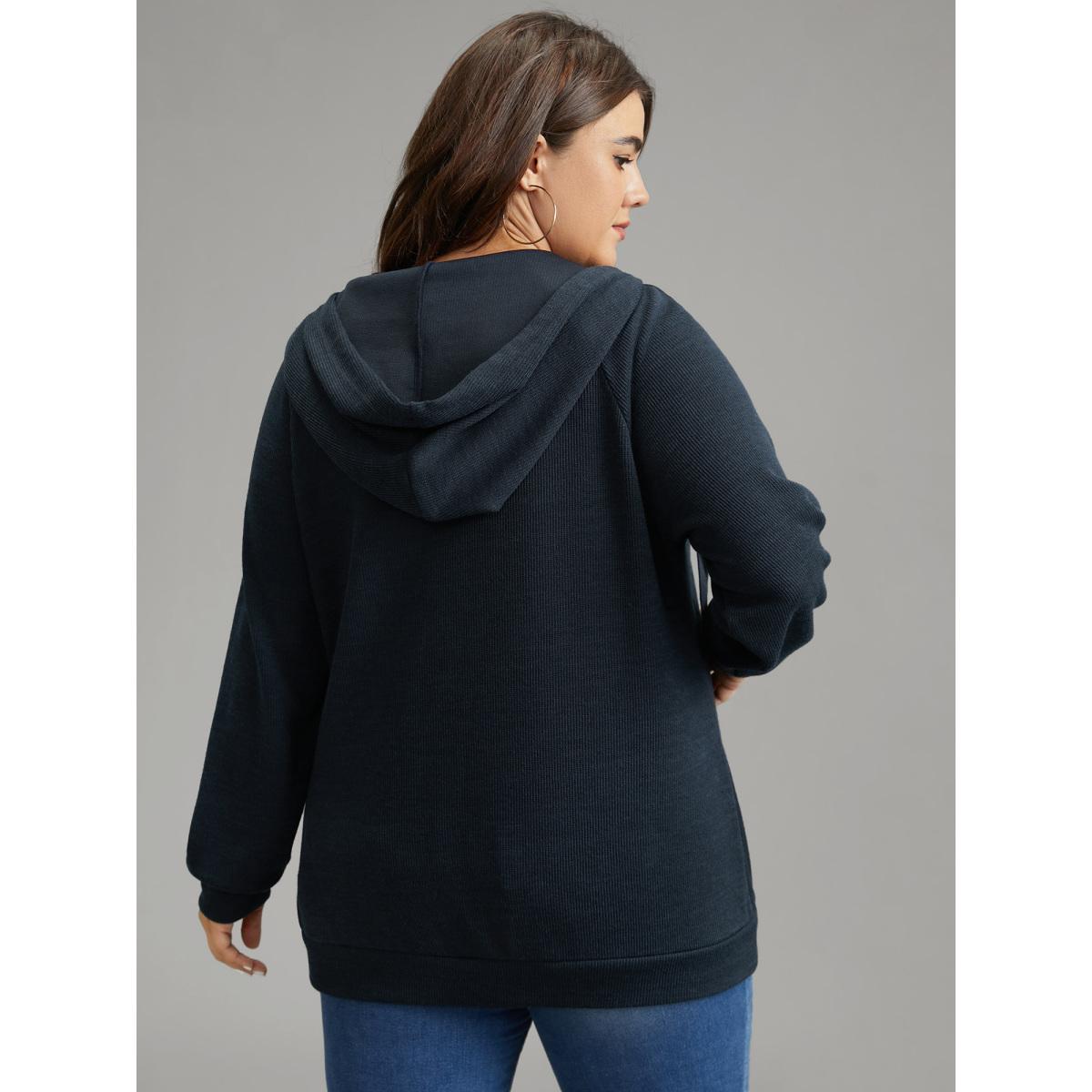 Plus Size Rib Knit Raglan Sleeve Hooded Drawstring Sweatshirt Women Indigo Casual Texture Hooded Dailywear Sweatshirts BloomChic 12/L Product Image