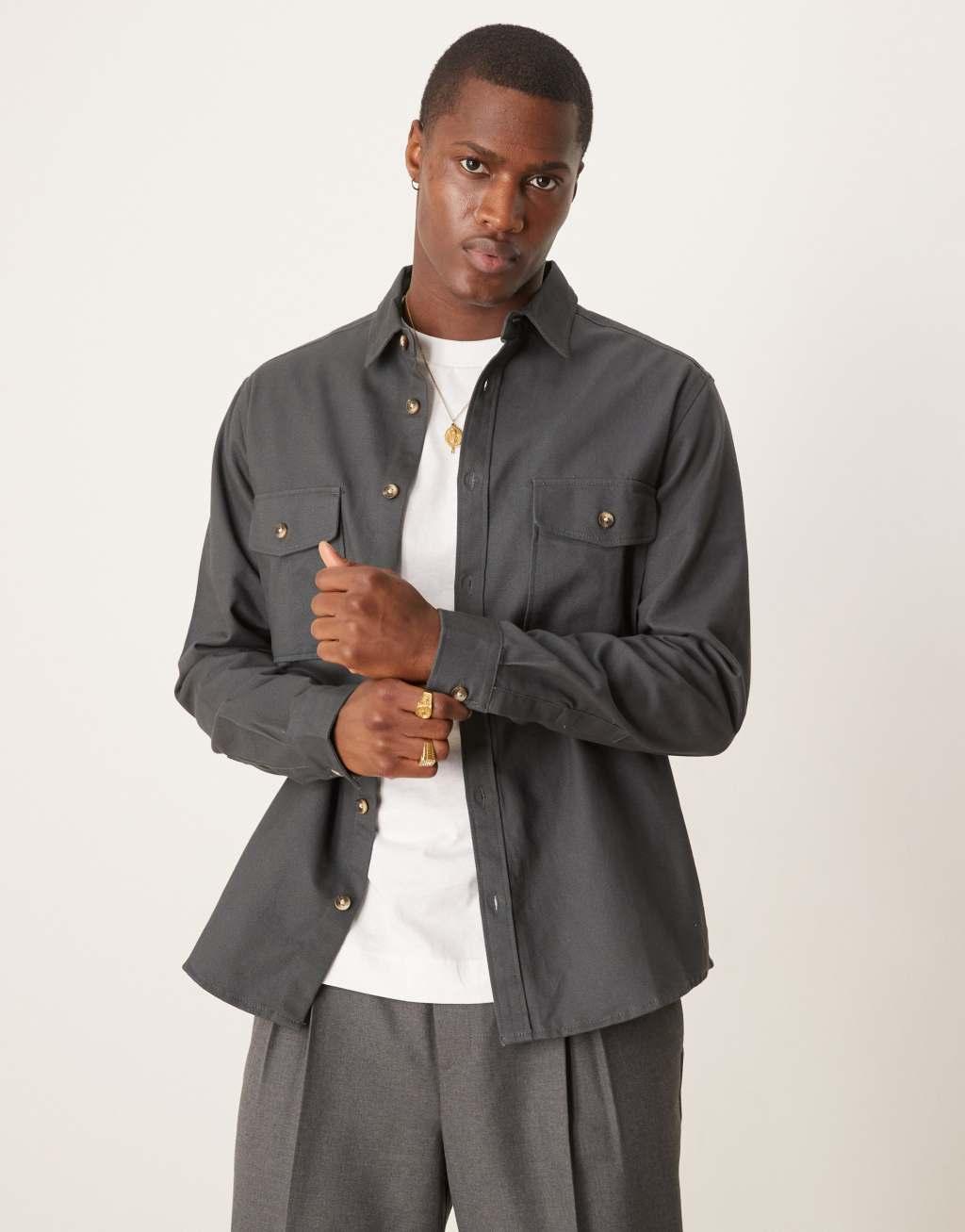 ASOS DESIGN boxy cotton overshirt in dark gray Product Image