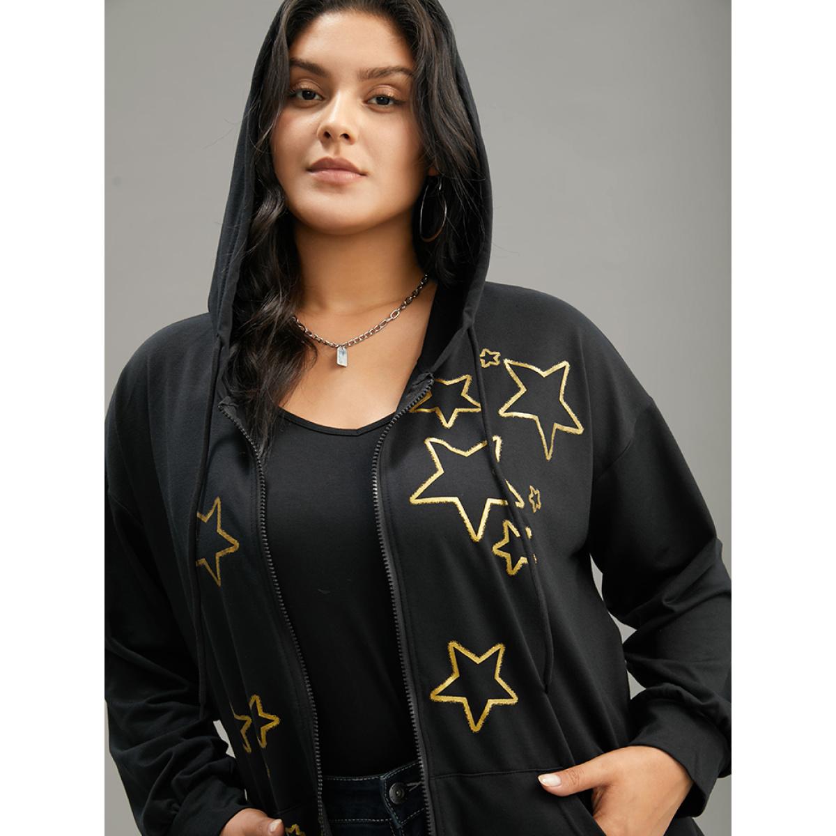 Plus Size Star Zipper Pocket Hooded Sweatshirt Women Black Casual Printed Hooded Dailywear Sweatshirts BloomChic 28/5X Product Image