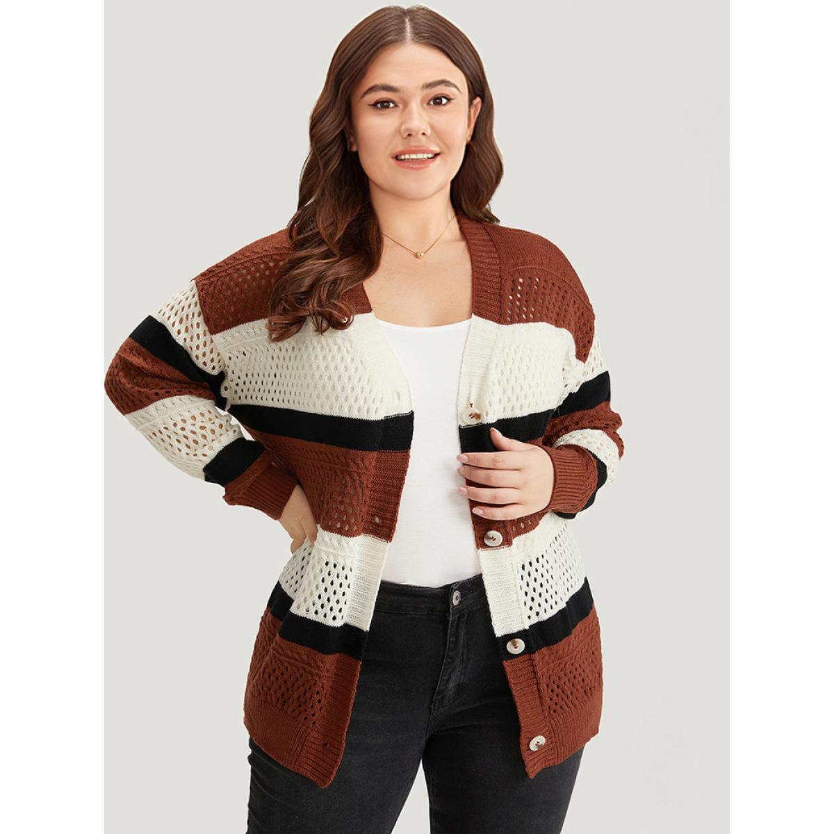 Plus Size Colorblock Contrast Geo Eyelet Button Through Cardigan Rust Women Casual Loose Long Sleeve Dailywear Cardigans BloomChic 14-16/1X Product Image
