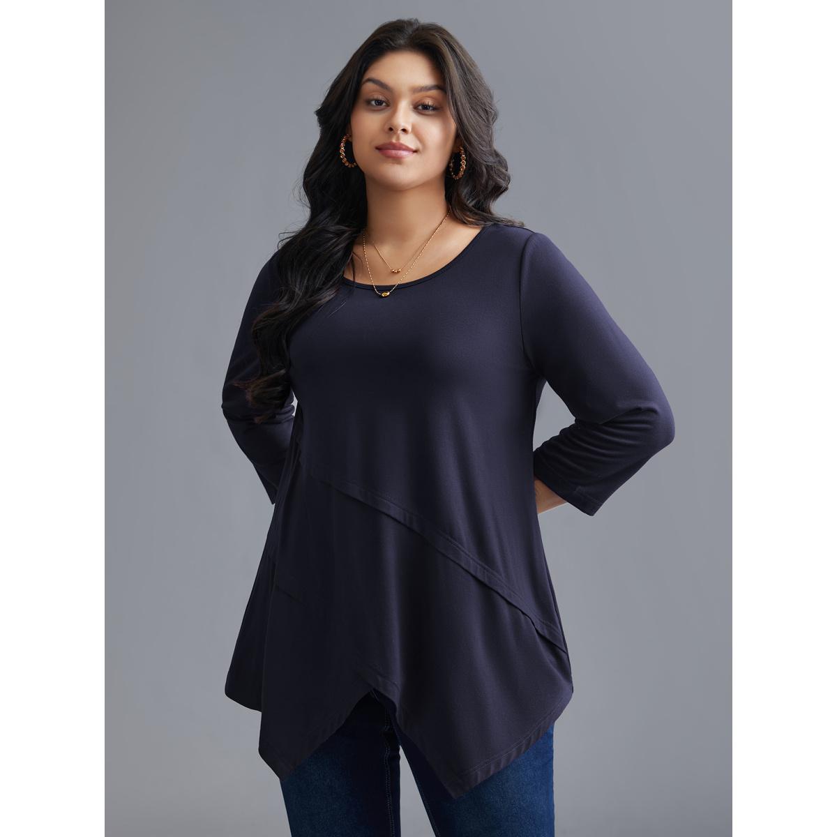 Plus Size Asymmetrical Hem Overlap Long T-shirt DarkBrown Women Leisure Tucked seam Round Neck Loose Casual T-shirts BloomChic 28/5X Product Image