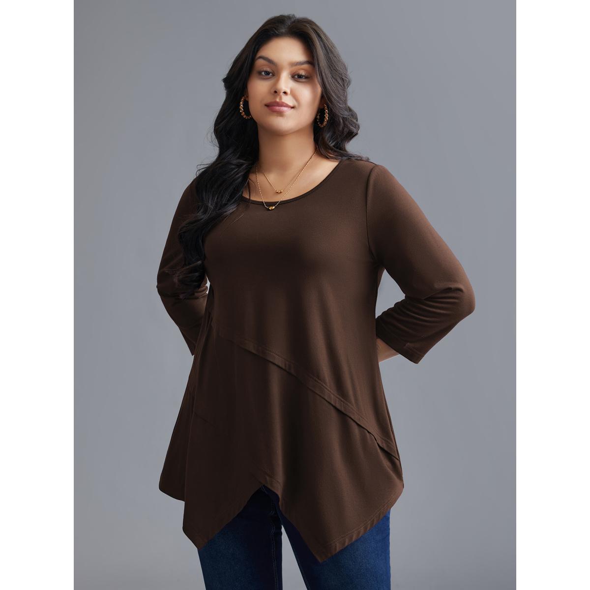 Plus Size Asymmetrical Hem Overlap Long T-shirt DarkBrown Women Leisure Tucked seam Round Neck Loose Casual T-shirts BloomChic 28/5X Product Image