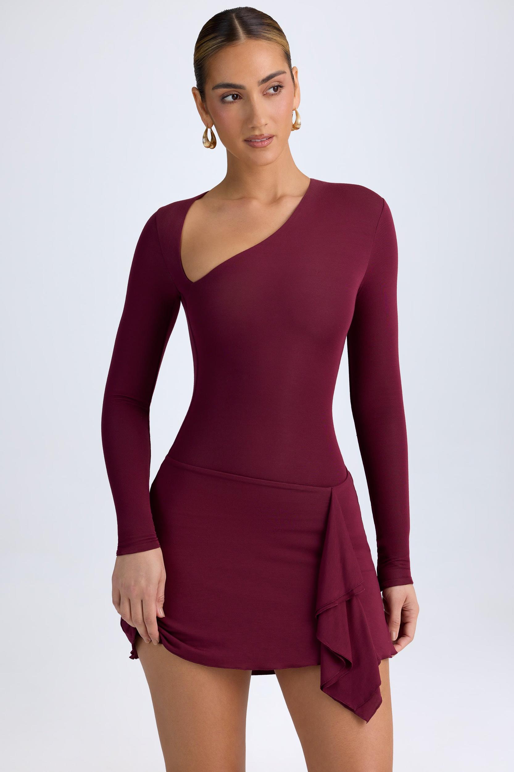 Modal Asymmetric A-Line Mini Dress in Wine Red Product Image