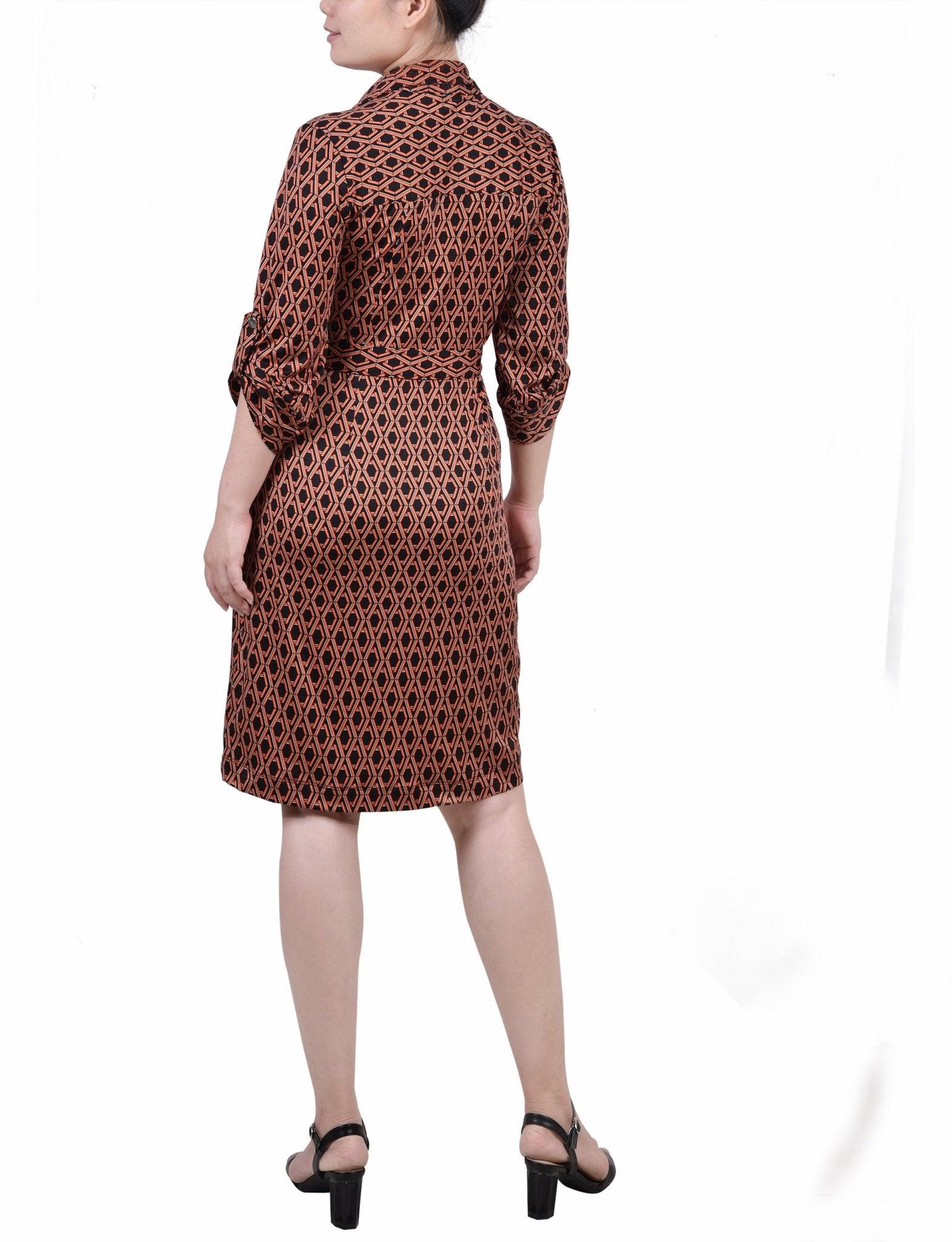 Black Autumn Glaze Thill Belted Roll Tab Zip Front Shirtdress - Petite Product Image