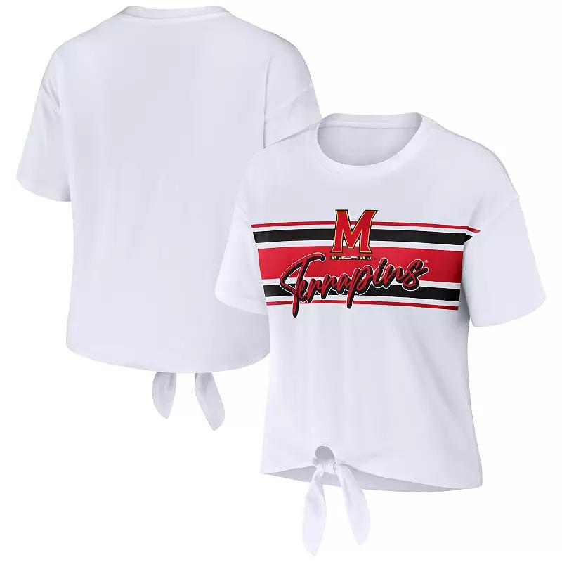 Women's WEAR by Erin Andrews White Maryland Terrapins Striped Front Knot Cropped T-Shirt,  Product Image