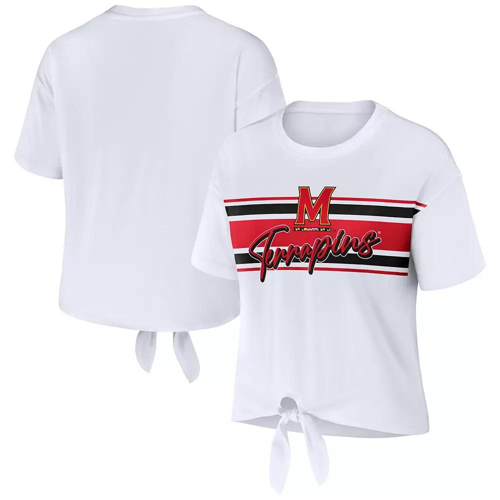 Women's WEAR by Erin Andrews White Maryland Terrapins Striped Front Knot Cropped T-Shirt,  Product Image