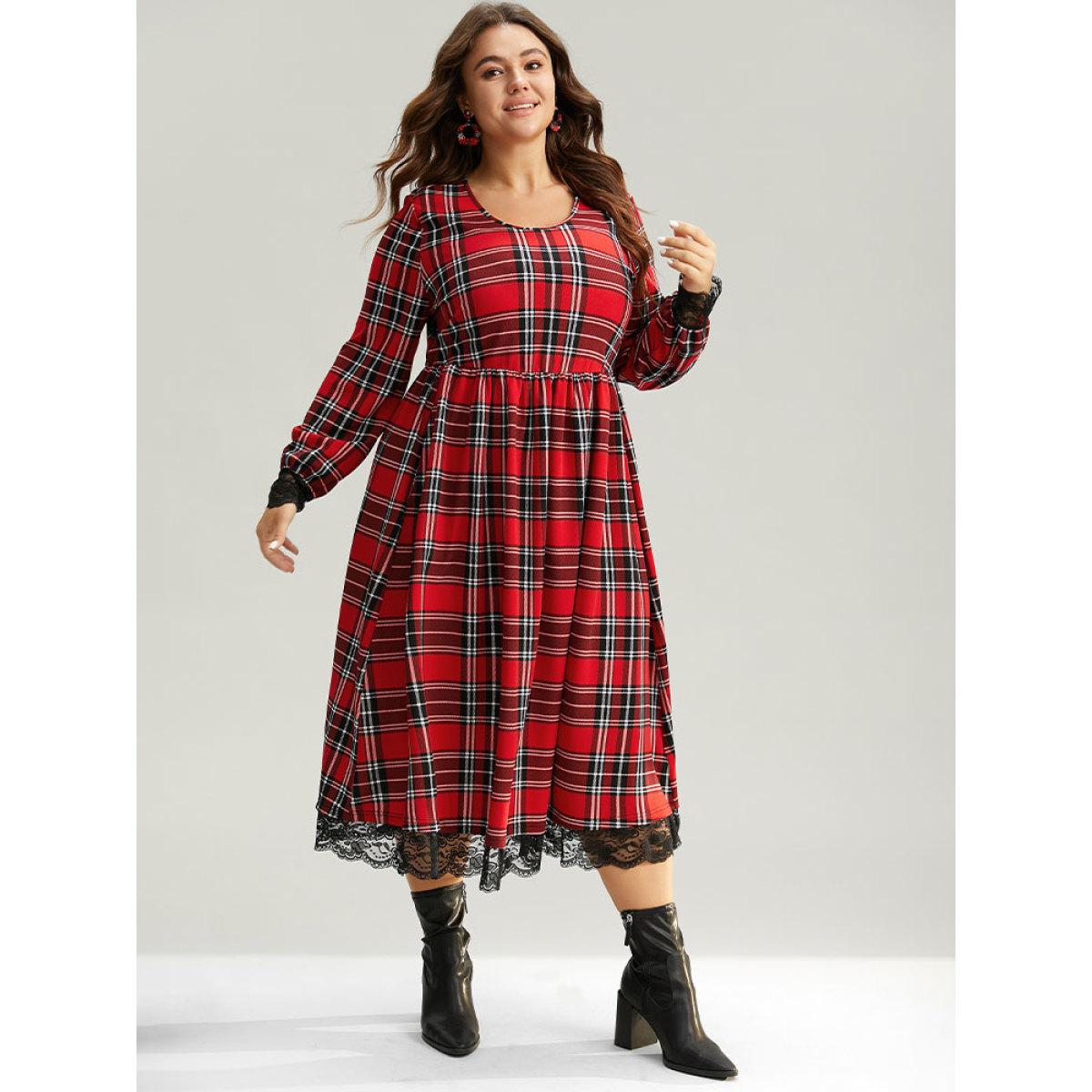 Plus Size Plaid Guipure Lace Elastic Waist Gathered Dress Raspberry Women Casual Printed Round Neck Long Sleeve Curvy Midi Dress BloomChic 14-16/1X Product Image