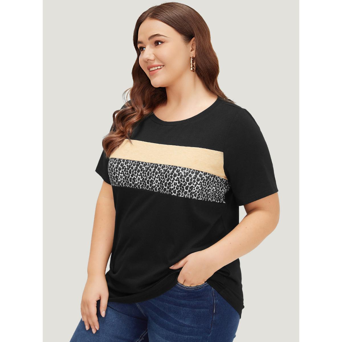 Plus Size Supersoft Essentials Leopard Colorblock Contrast Round Neck T-shirt Multicolor Women Casual Leopard Round Neck Dailywear T-shirts BloomChic 22-24/3X Product Image