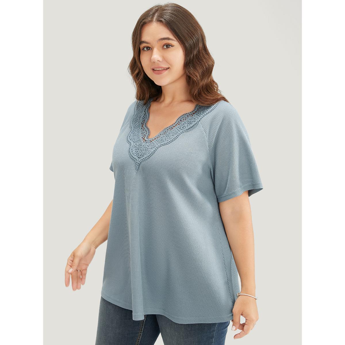 Plus Size Solid Raglan Sleeve Contrast Lace Waffle Knit T-shirt Stone Women Elegant Plain V-neck Dailywear T-shirts BloomChic 18-20/2X Product Image