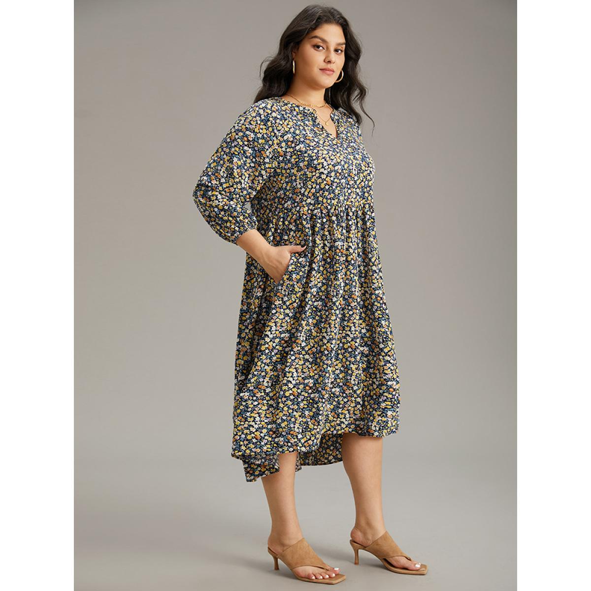 Plus Size Ditsy Floral Pocket Lantern Sleeve Ruffle Hem Dress Midnight Women Vacation Elastic cuffs Notched collar Elbow-length sleeve Curvy Midi Dress BloomChic 18-20/2X Product Image