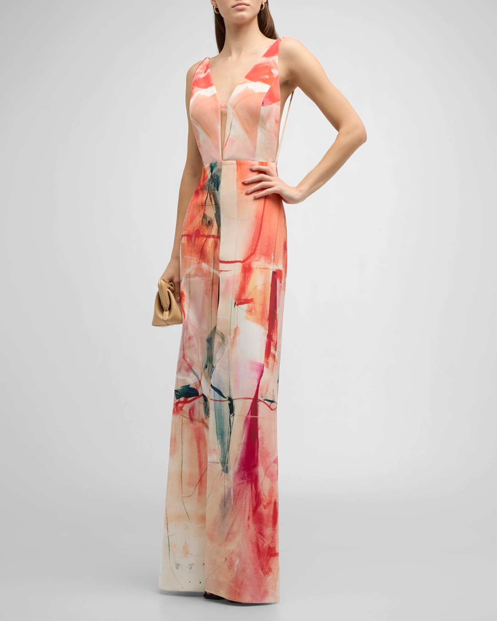 Plunging Abstract-Print Backless Silk Crepe Gown Product Image