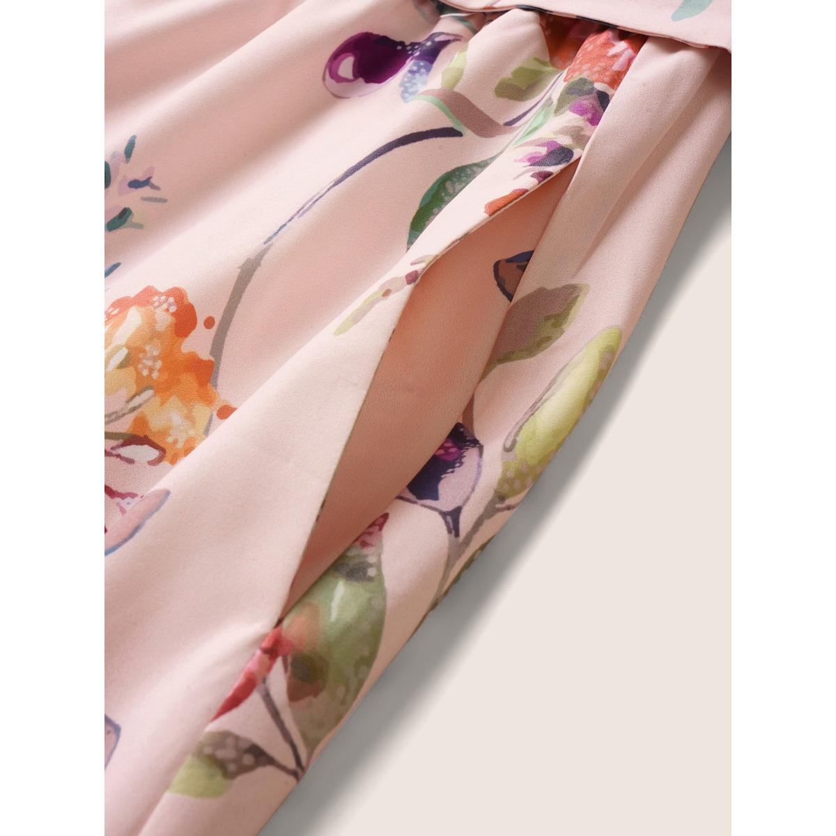 Plus Size Citrus Fruit Print Halter Belted Gathered Dress MistyRose Women Elegant Non Halter neck Sleeveless Curvy Midi Dress BloomChic 10/M Product Image