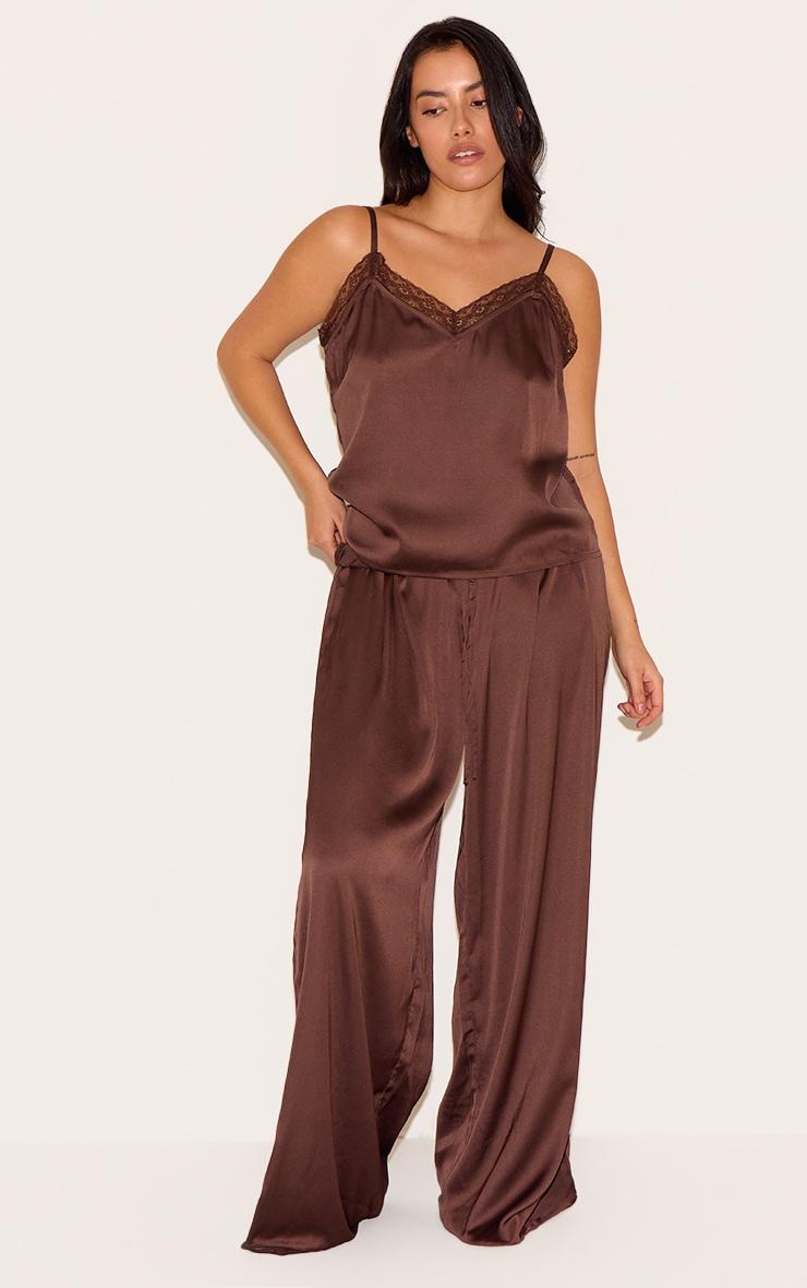 Plus Chocolate Satin Lace Trim Cami Long Pj Set Product Image