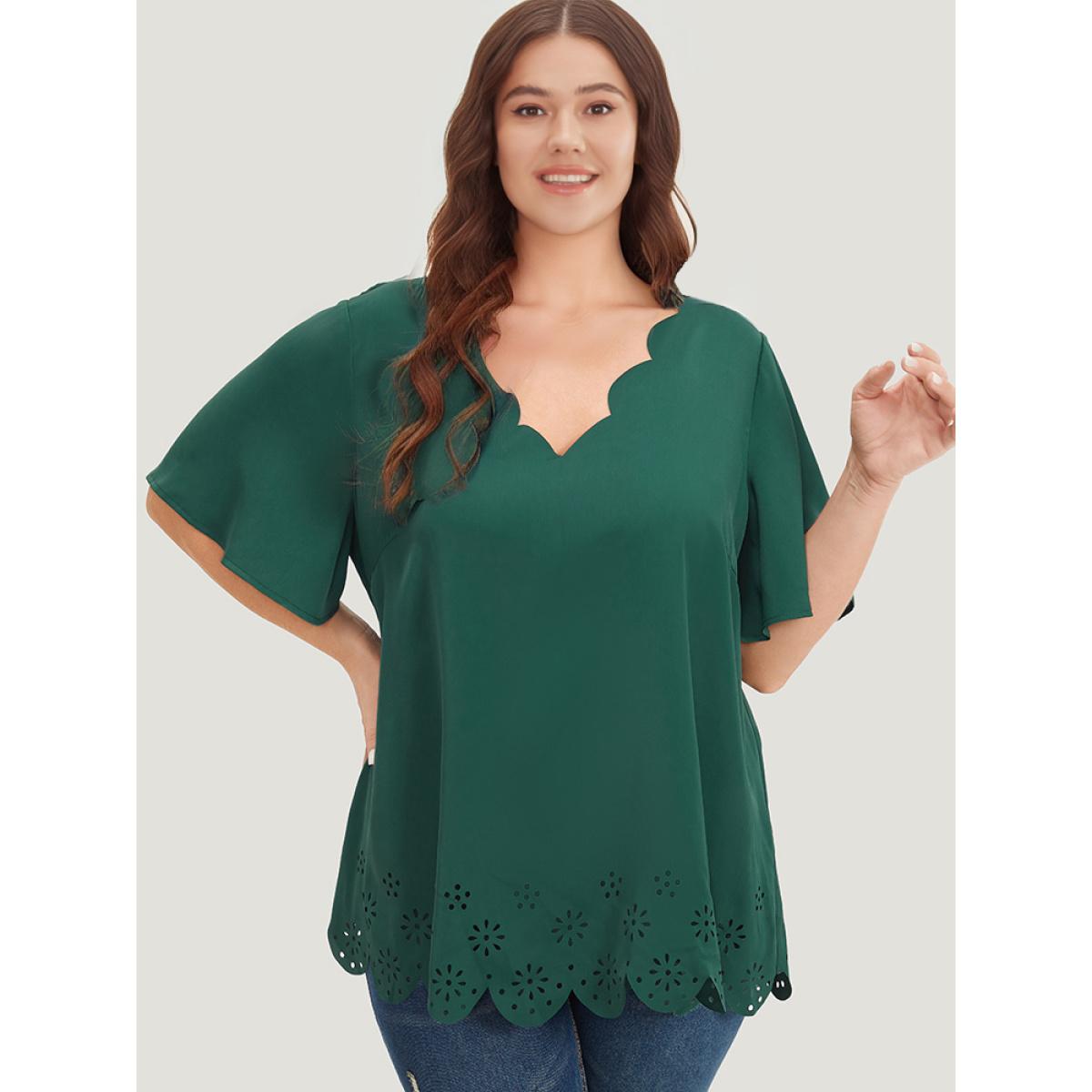 Plus Size DarkGreen Solid Scalloped Trim Laser Cut Ruffle Sleeve Blouse Women Elegant Short sleeve V-neck Dailywear Blouses BloomChic 26/4X Product Image