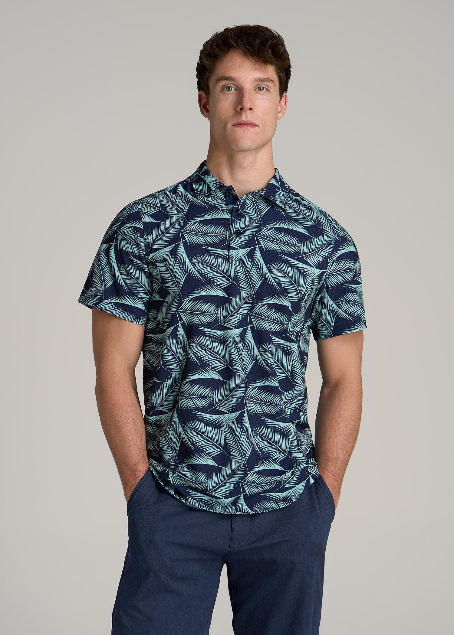 Coastal Perforated Polo Shirt for Tall Men in Navy and Aqua Palms Male Product Image