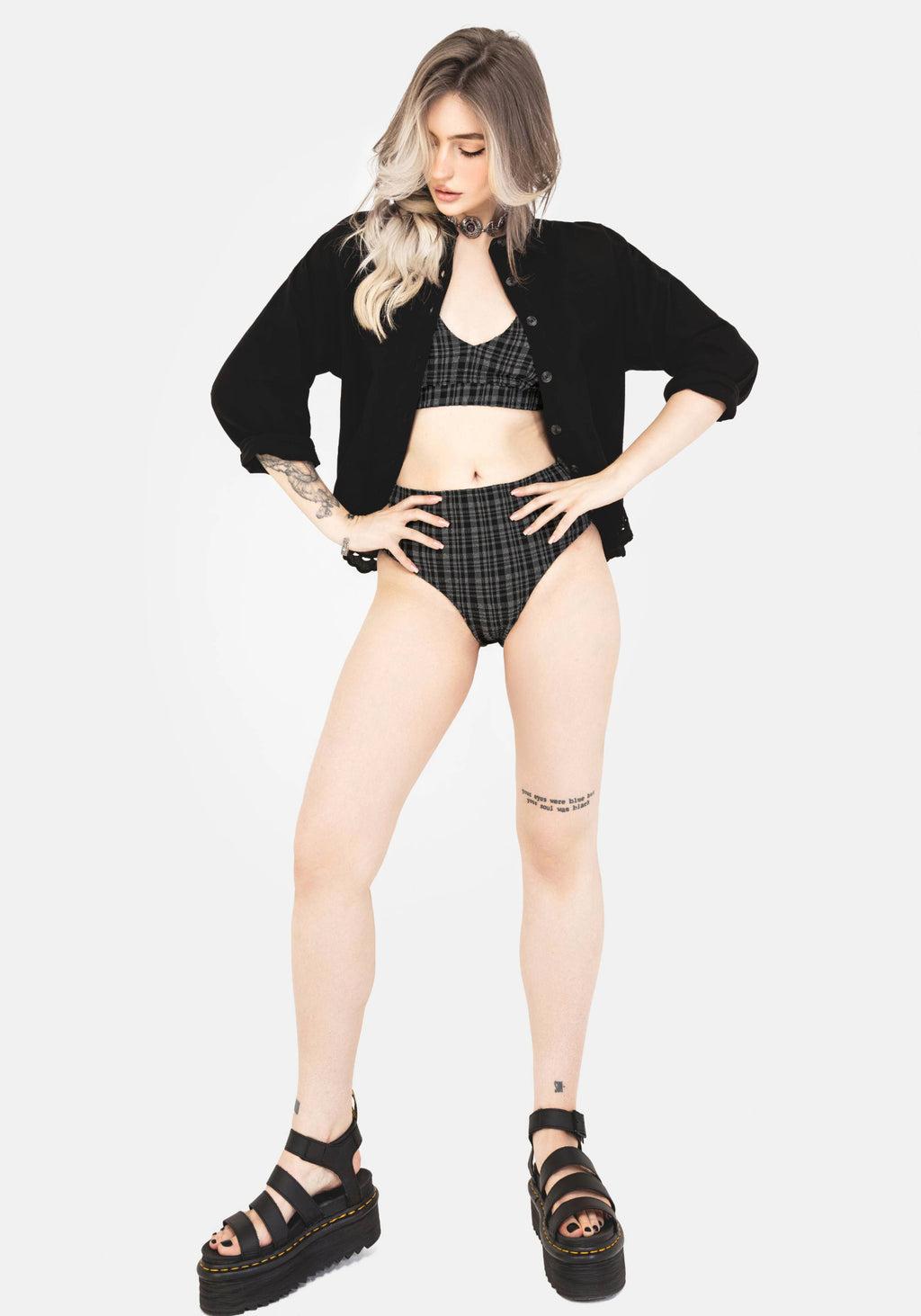 Slate Textured Check High Waist Swim Bottoms Product Image