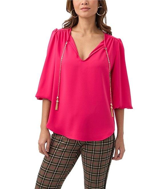 Trina Turk Morabi Georgette V-Neck 3/4 Sleeve Chain Tassel Top Product Image