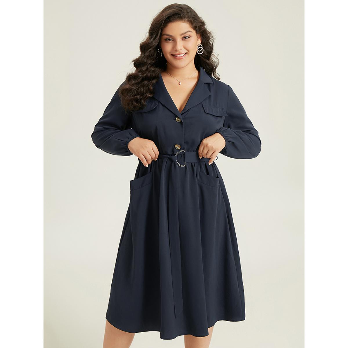Plus Size Anti-Wrinkle Suit Collar Pocket Belted Shirt Dress Navy Women At the Office Gathered Suit Collar Long Sleeve Curvy Midi Dress BloomChic 10/M Product Image