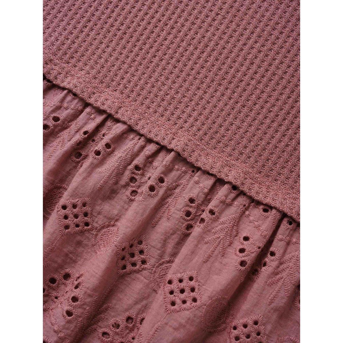 Plus Size Waffle Knit Patchwork Broderie Anglaise T-shirt DustyPink Women Casual Texture Plain Round Neck Everyday T-shirts BloomChic 10/M Product Image