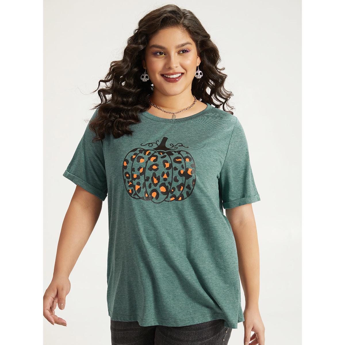 Plus Size Halloween Pumpkin Print Crew Neck T-shirt DarkGreen Women Casual Printed Halloween Dailywear T-shirts BloomChic 12/L Product Image