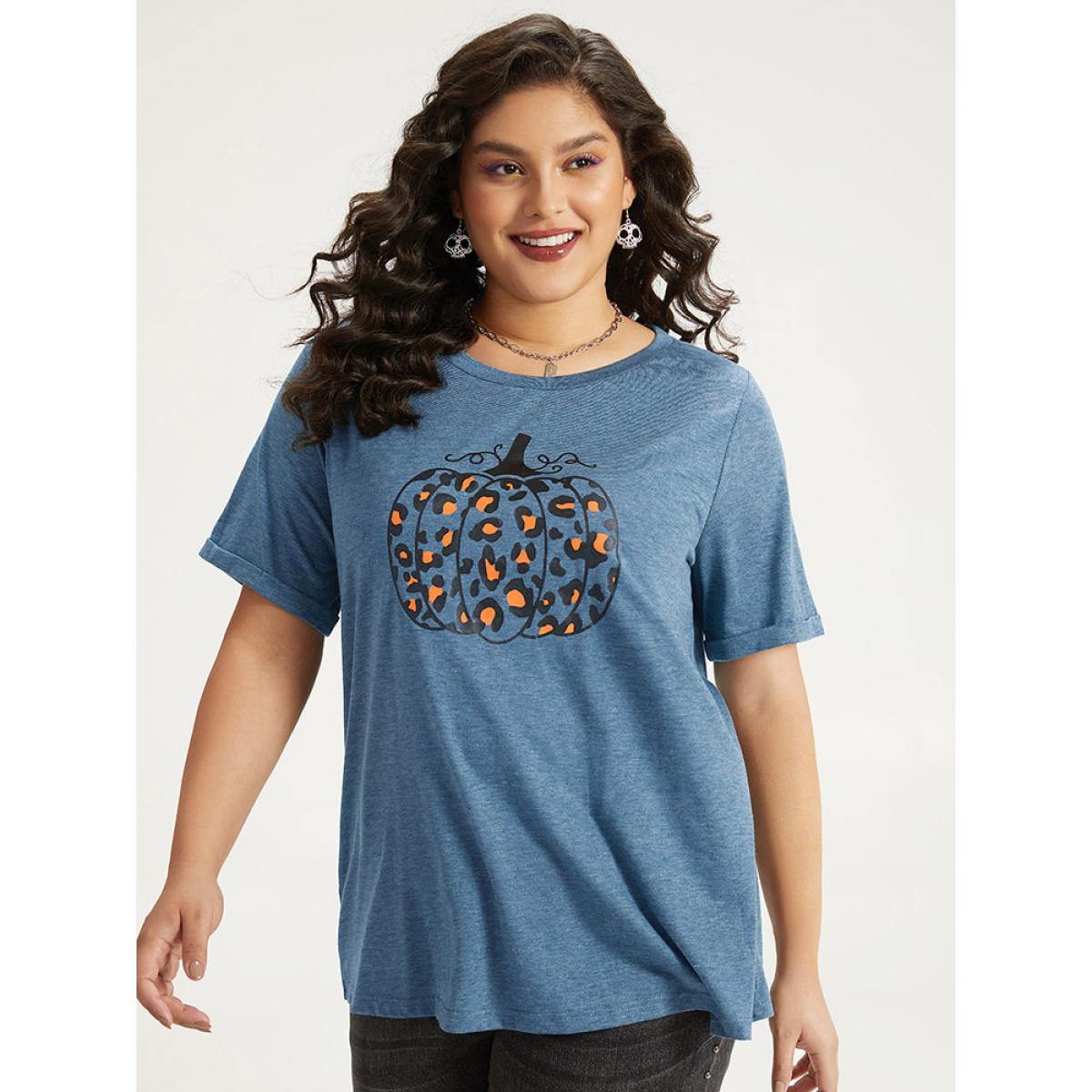 Plus Size Halloween Pumpkin Print Crew Neck T-shirt Cerulean Women Casual Printed Halloween Dailywear T-shirts BloomChic 18-20/2X Product Image