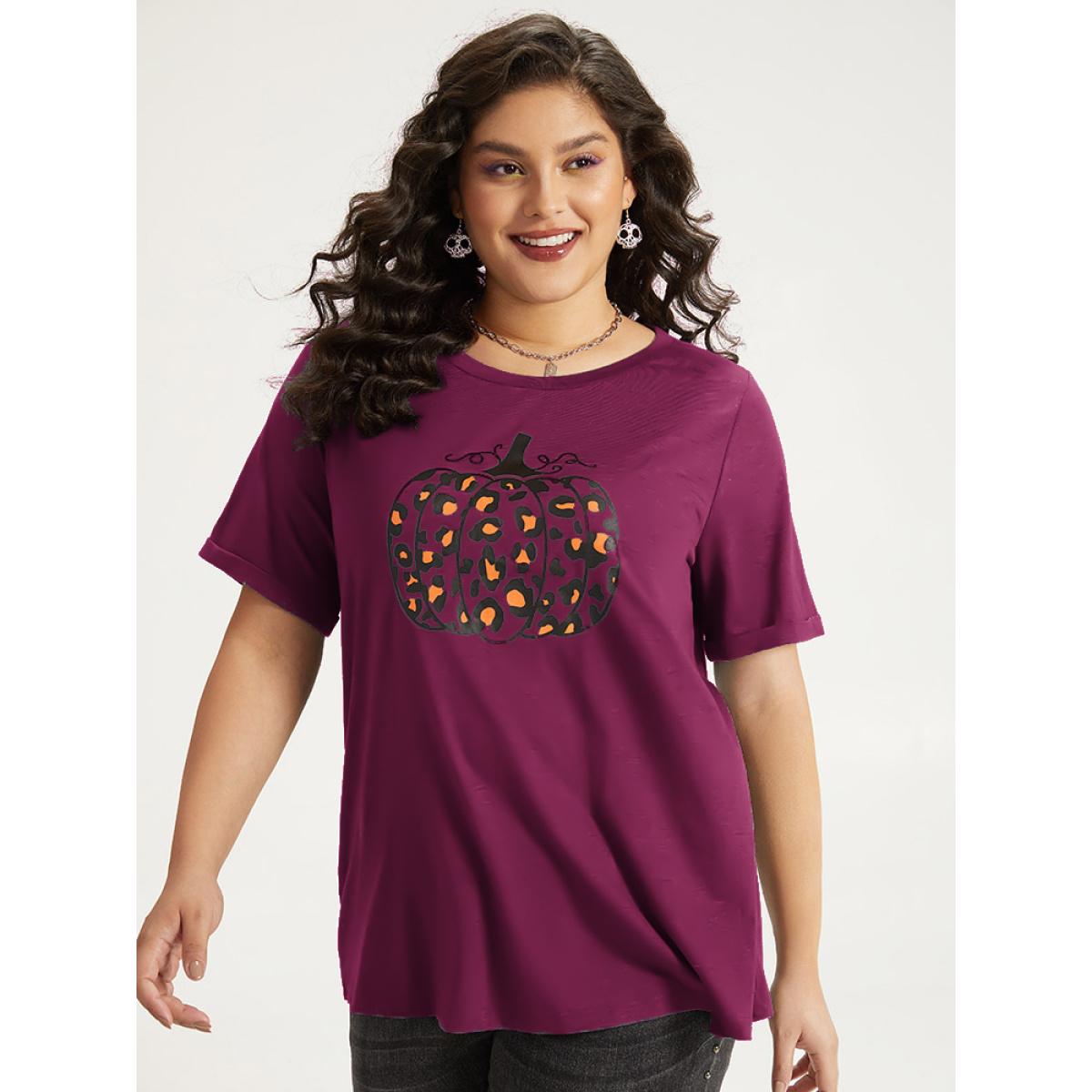 Plus Size Halloween Pumpkin Print Crew Neck T-shirt Crimson Women Casual Printed Halloween Dailywear T-shirts BloomChic 12/L Product Image