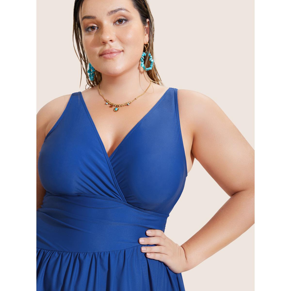 Plus Size Solid Surplice Neck Gathered Swim Dress Women's Swimwear Indigo Beach Bodycon V-neck High stretch Curve Swim Dresses BloomChic 18-20/2X Product Image