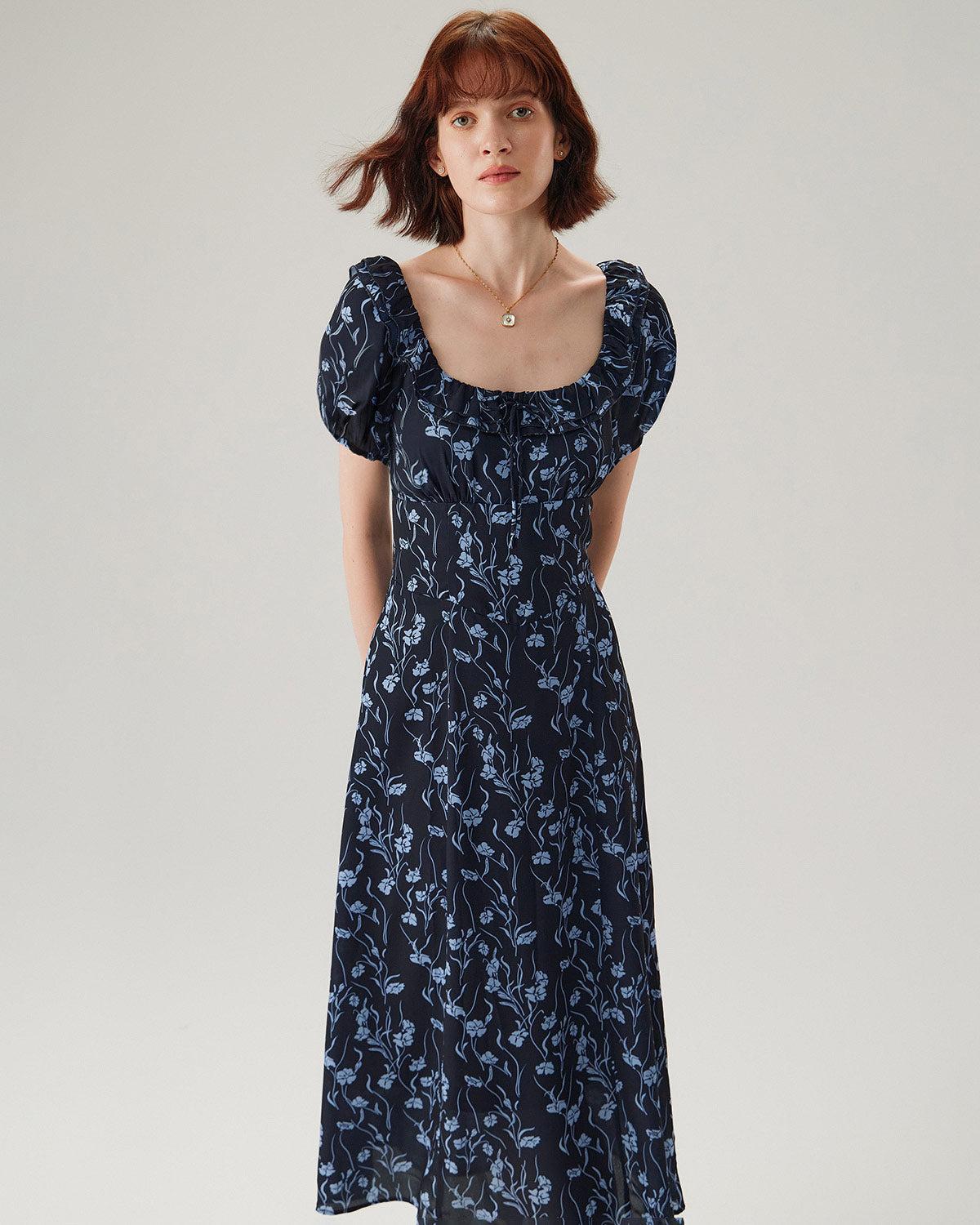 Navy Floral U-Neck Puffed-Sleeve Maxi Dress Product Image