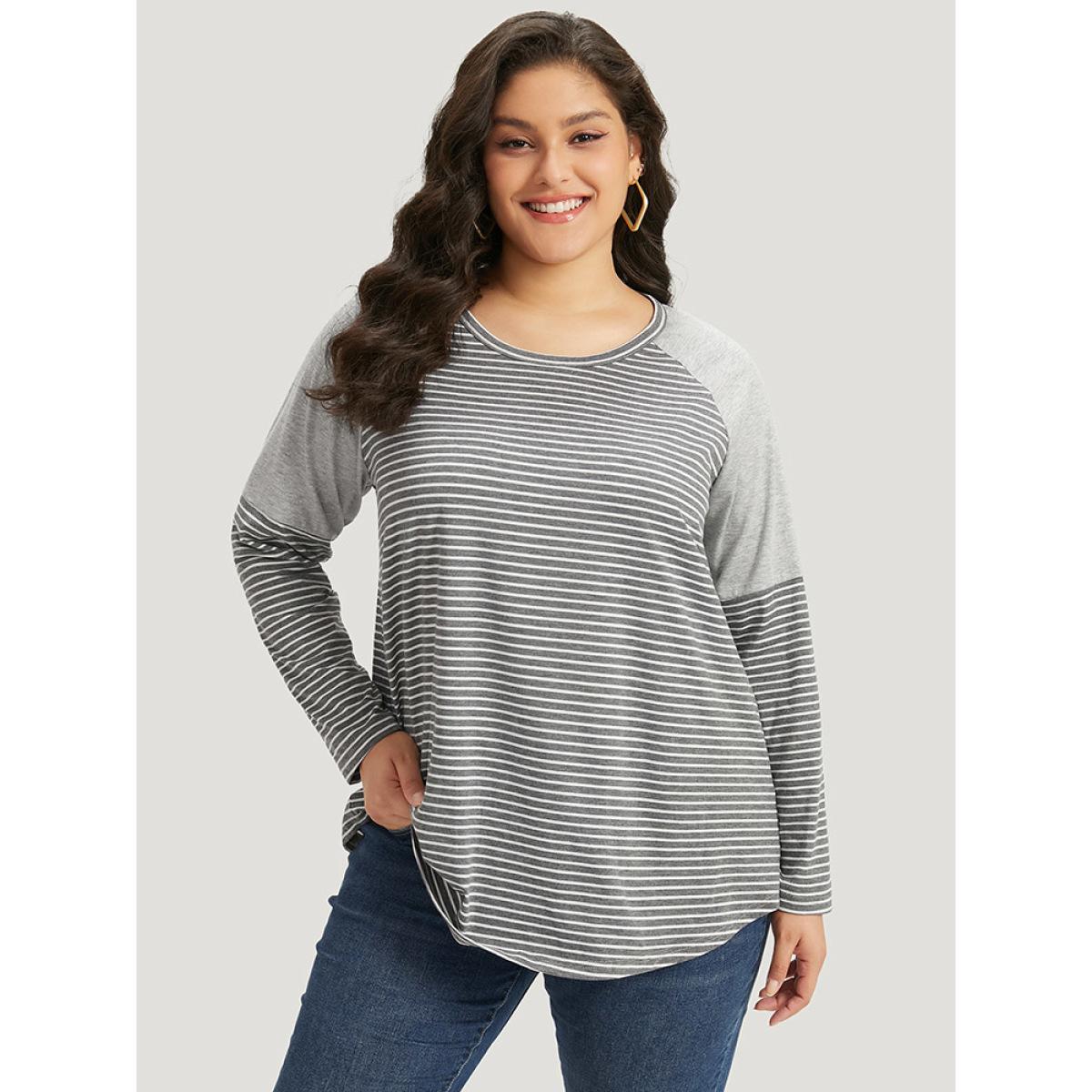 Plus Size Striped Patchwork Crew Neck Raglan Sleeve T-shirt Gray Women Casual Patchwork Striped Round Neck Dailywear T-shirts BloomChic 22-24/3X Product Image