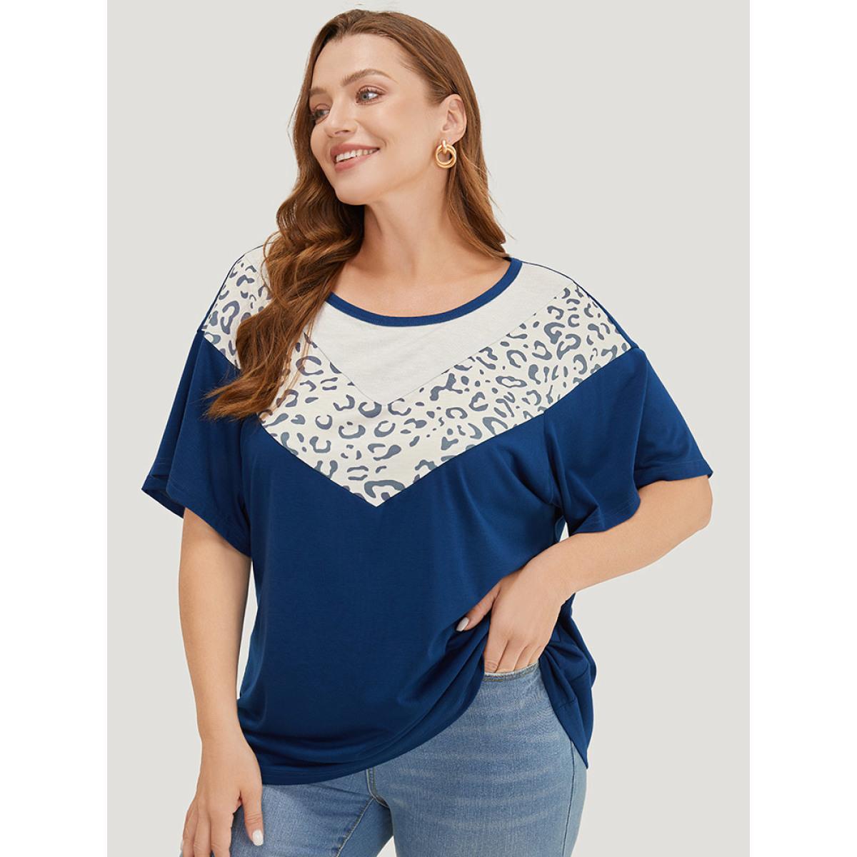 Plus Size Leopard Contrast Batwing Sleeve Patchwork T-shirt Indigo Women Casual Contrast Colorblock Round Neck Dailywear T-shirts BloomChic 30/6X Product Image