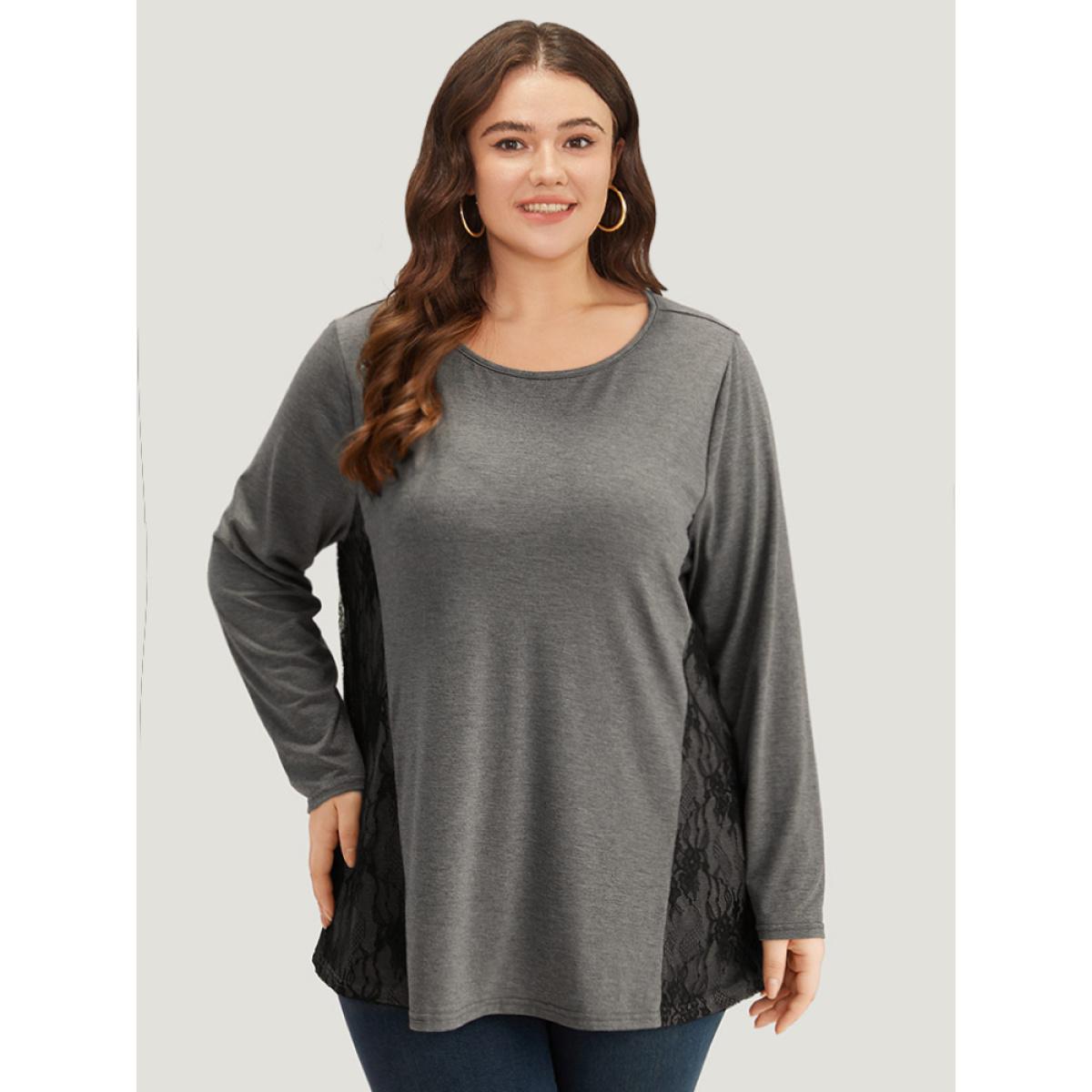 Plus Size Crochet Lace Crew Neck Patchwork T-shirt Gray Women Elegant Contrast Plain Round Neck Everyday T-shirts BloomChic 10/M Product Image