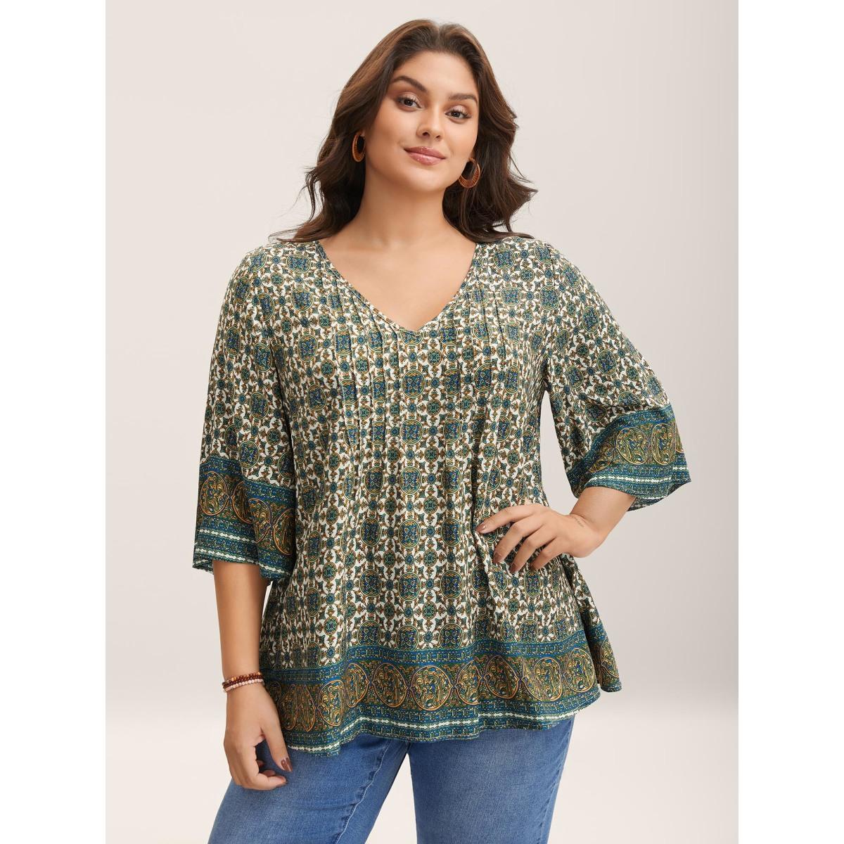 Plus Size Multicolor Pin-Tuck Pleat Ornate Print Relaxed Fit Shirt Women Boho Elbow-length sleeve V-neck Vacation Blouses BloomChic 18-20/2X Product Image