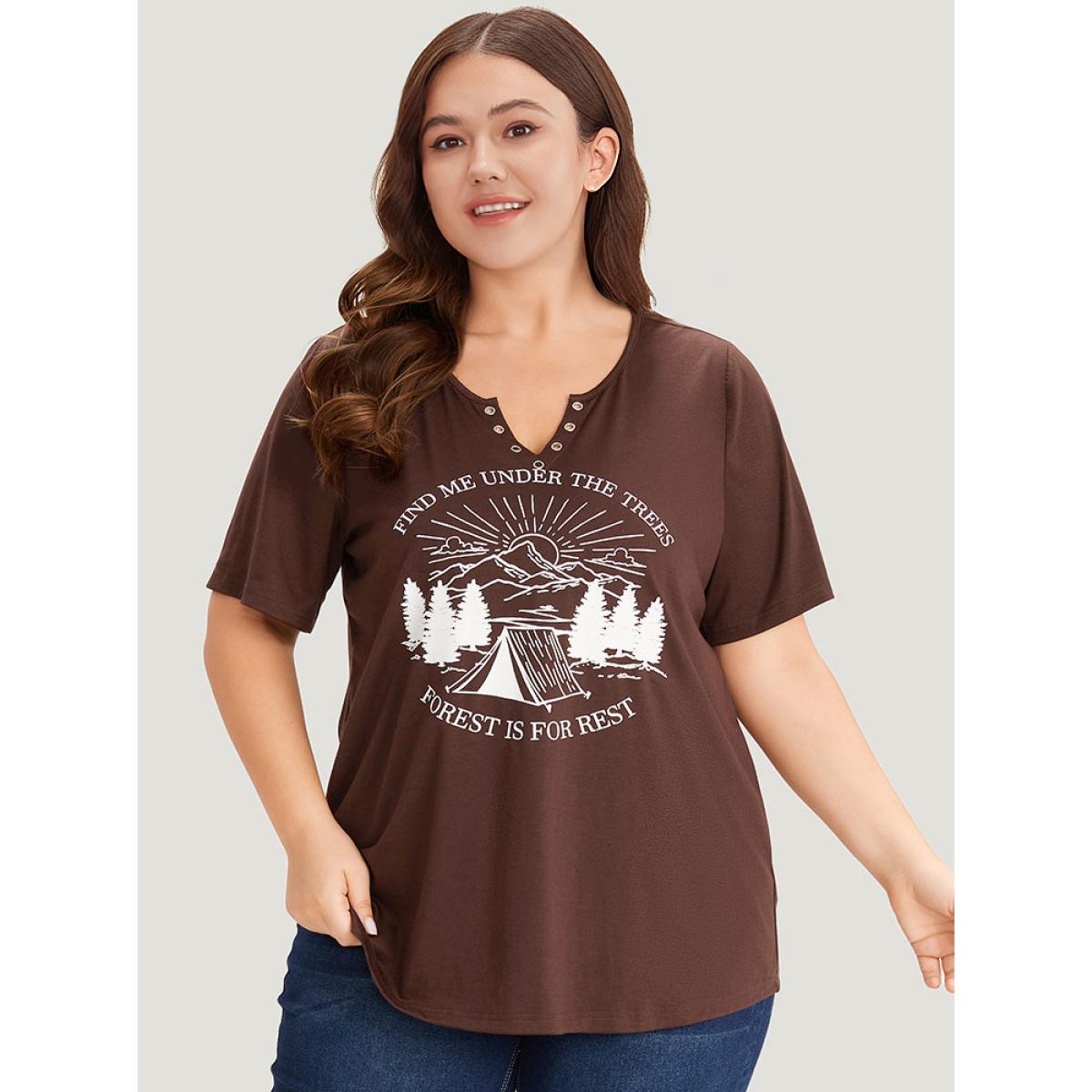 Plus Size Landscape Print Notched T-shirt DarkBrown Women Casual Printed Western Dailywear T-shirts BloomChic 28/5X Product Image