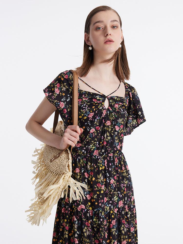 16 Momme Mulberry Silk Rose Print Off Shoulder Women Maxi Dress Product Image