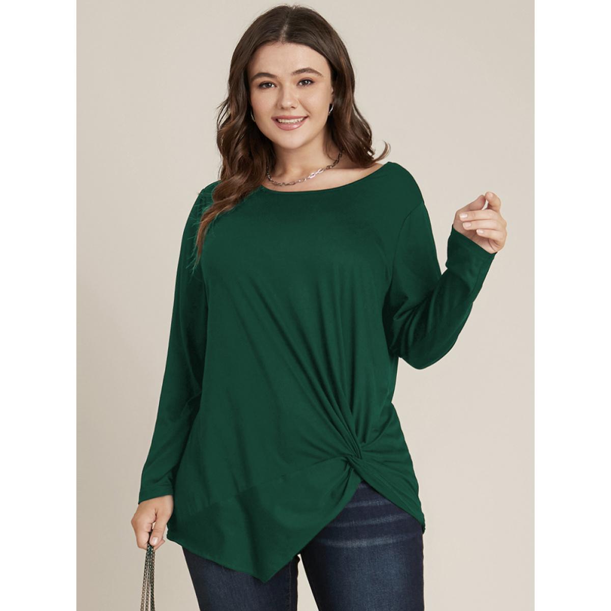Plus Size Solid Round Neck Twist Front Long Tee DarkGreen Women Elegant Plain Plain Round Neck Dailywear T-shirts BloomChic 10/M Product Image