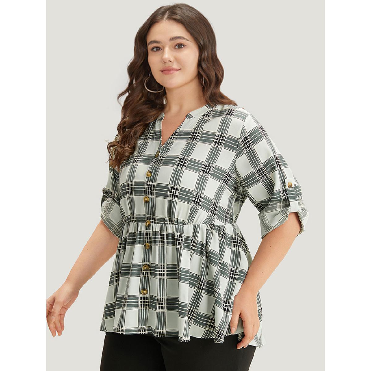 Plus Size SlateGray Plaid Notched Button Through Tab Sleeve Blouse Women Office Long Sleeve Shirt collar Work Blouses BloomChic 18-20/2X Product Image