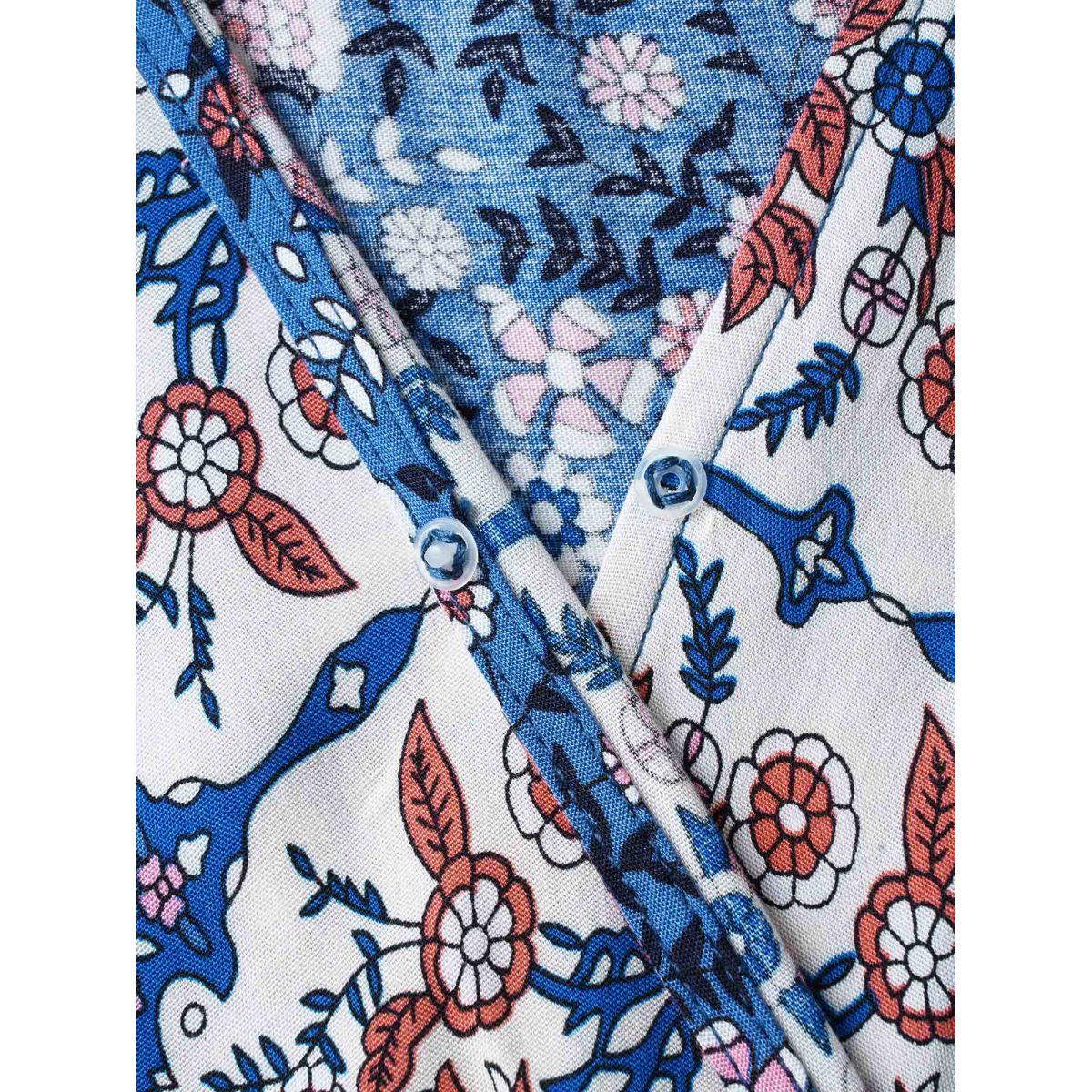 Plus Size Boho Print Surplice Neck Belted Dress Blue Women Resort Overlapping V-neck Cap Sleeve Curvy BloomChic 14-16/1X Product Image