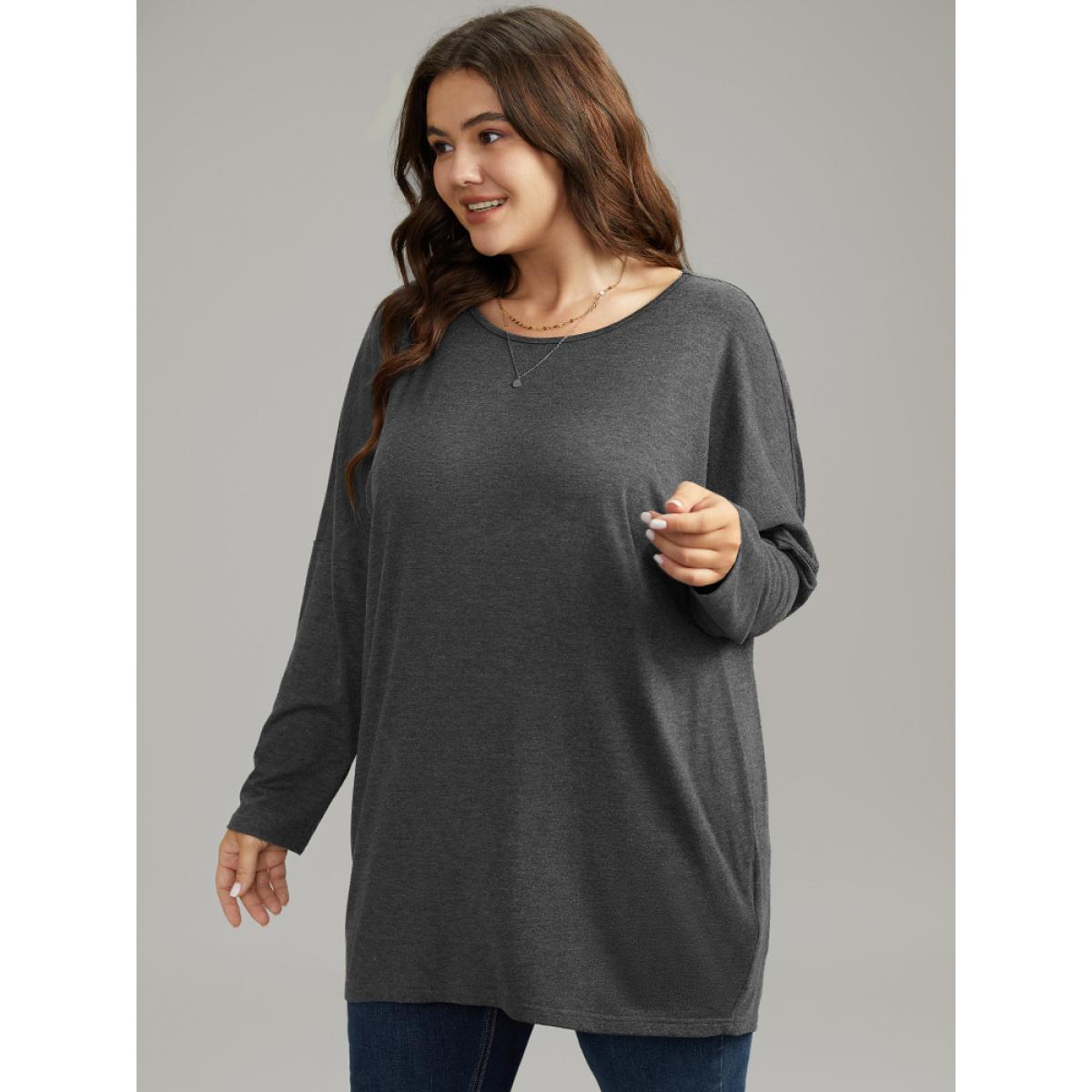 Plus Size Supersoft Essentials Solid Drop Shoulder T-shirt DimGray Women Elegant Plain Plain Round Neck Dailywear T-shirts BloomChic 10/M Product Image
