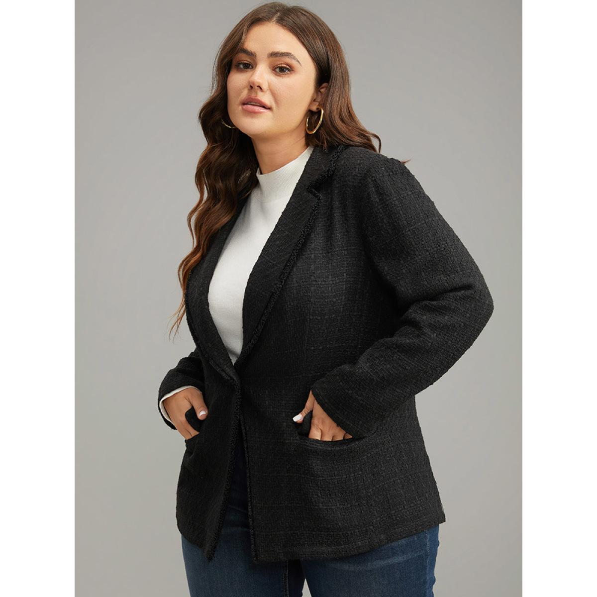 Plus Size Plain Tweed Plisse Pocket Button Through Blazer Black Women Dailywear Plain Texture Sleeve Long Sleeve Suit Collar 12/L Pocket Elegant Blazers BloomChic Product Image