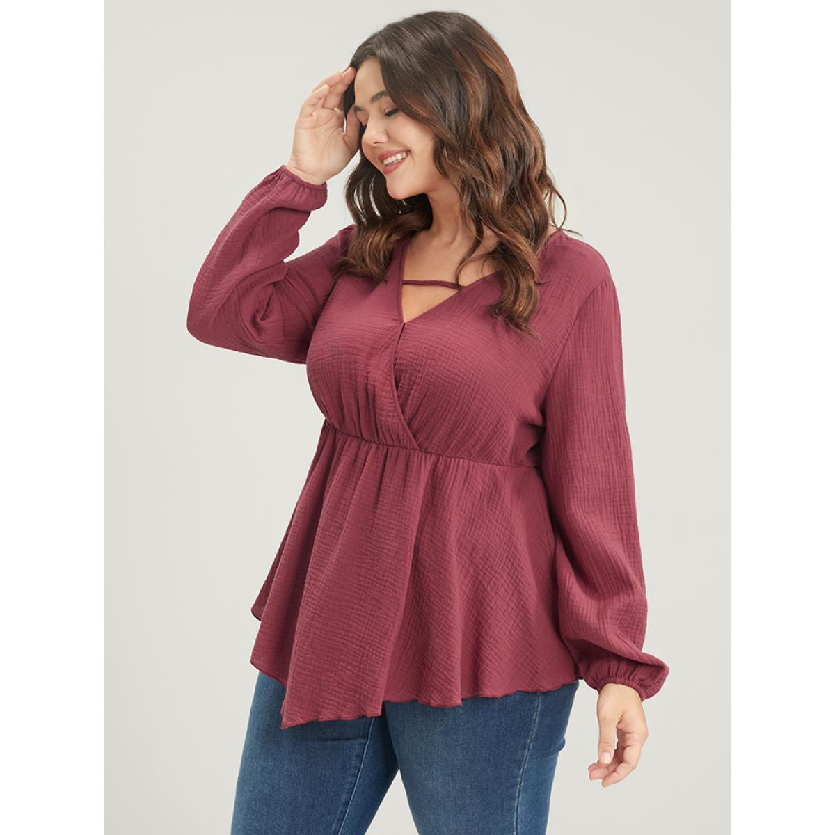 Plus Size Russet Solid Lantern Sleeve Asymmetrical Hem Wrap Blouse Women Elegant Long Sleeve V-neck Dailywear Blouses BloomChic 28/5X Product Image