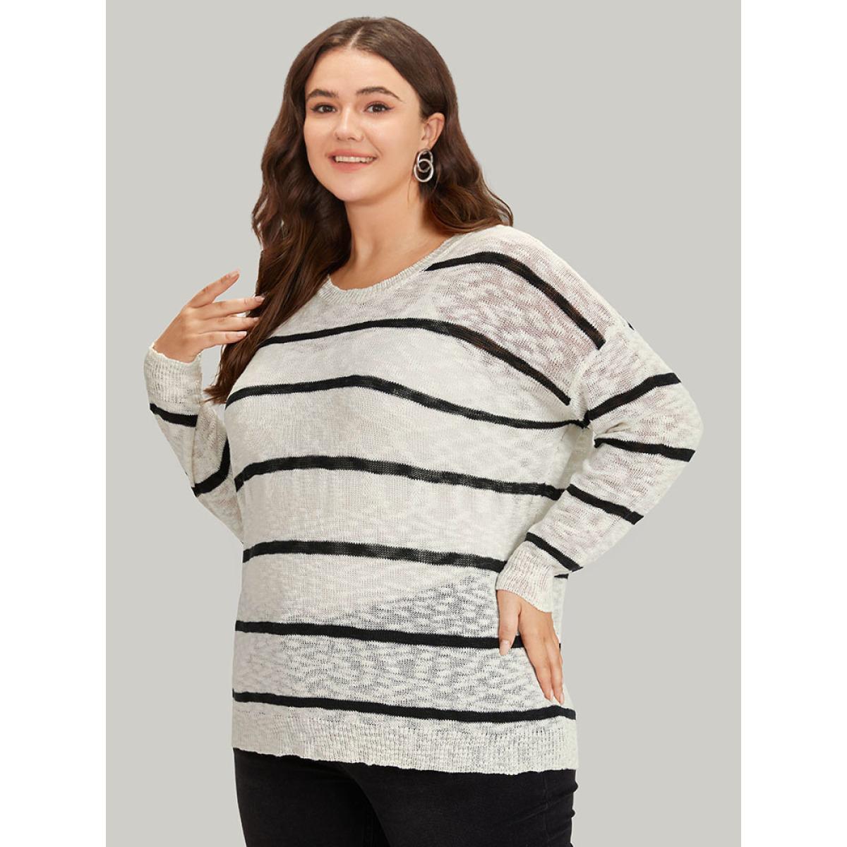 Plus Size Striped Drop Shoulder Lightweight Loose Pullover Beige Women Casual Loose Long Sleeve Round Neck Everyday Pullovers BloomChic 14-16/1X Product Image