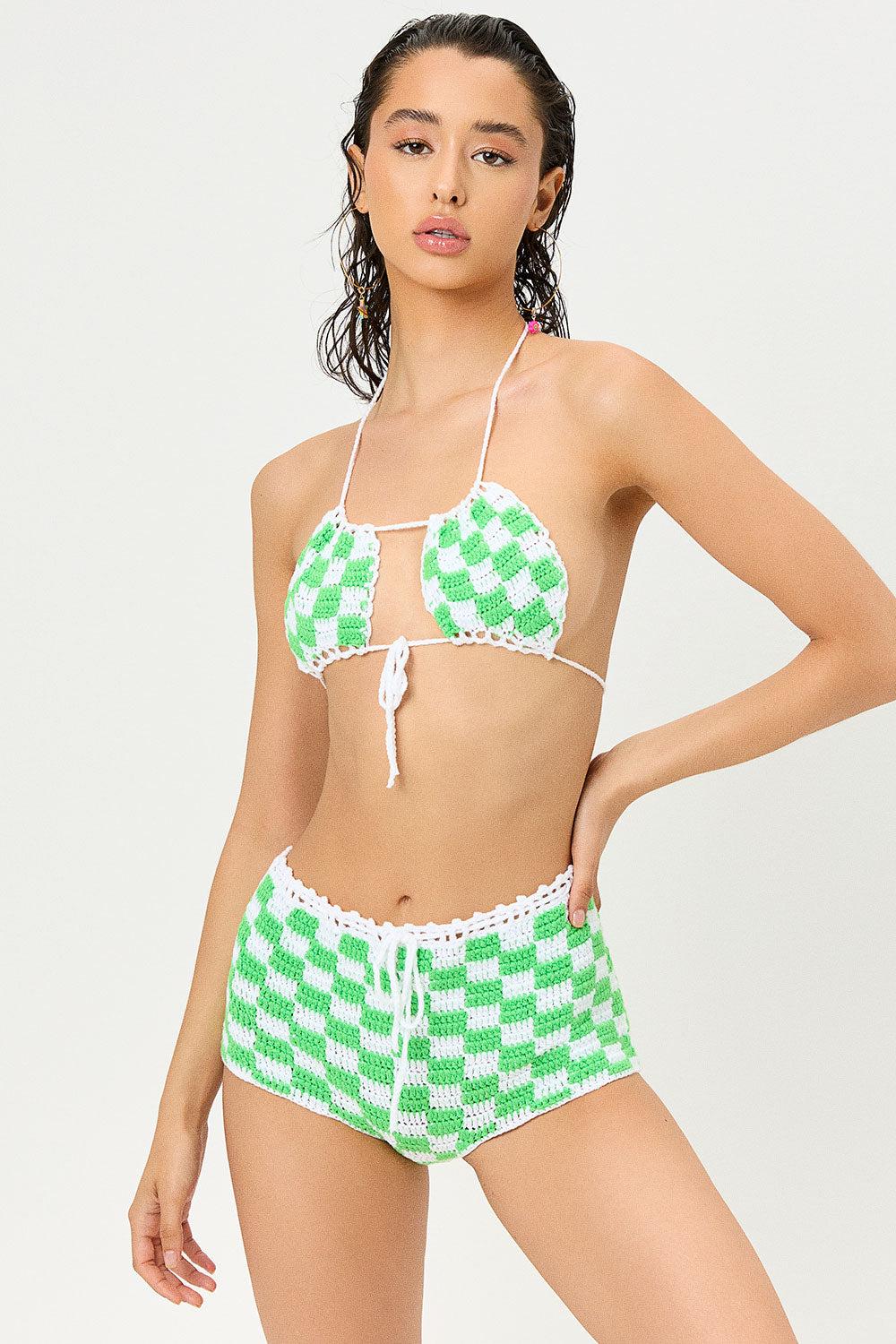 Eliza Crochet Halter Bikini Top - Jade Checker Product Image