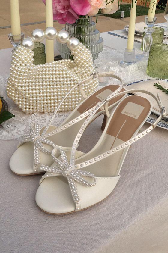 Lonny White Satin Leather Pearl High Heel Sandals Product Image