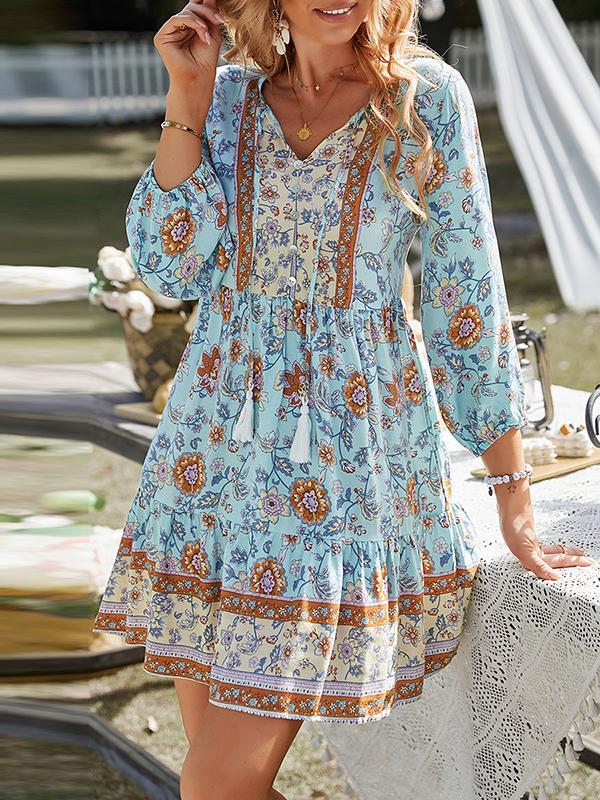 A-Line Loose Buttoned Contrast Color Flower Print Pleated V-Neck Mini Dresses Product Image