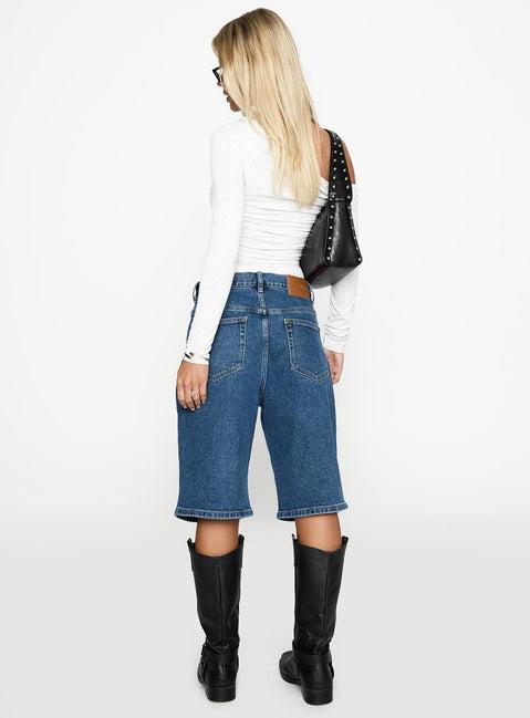 Retro Dream Mid Rise Longline Denim Shorts Mid Wash Product Image