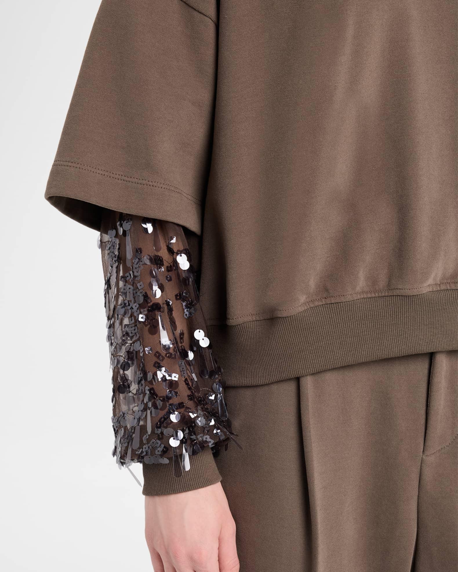 Crewneck Top with Sheer Sequined Raindrop Sleeves Product Image