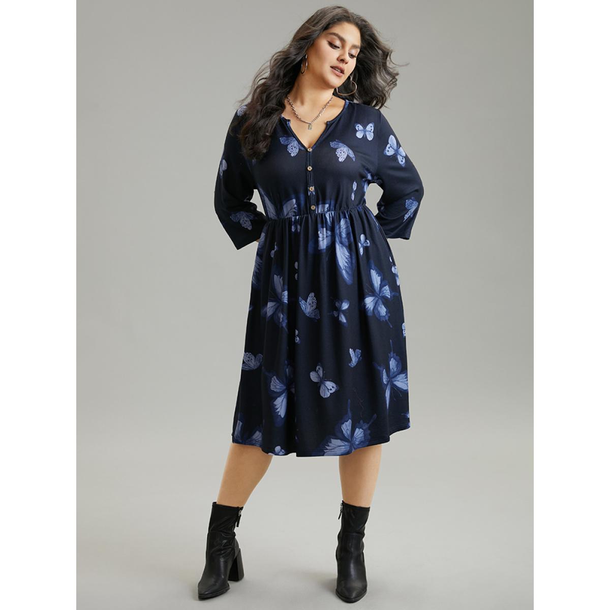 Plus Size Butterfly Print Notched Elastic Waist Button Detail Dress Midnight Women Casual Gathered Notched collar Elbow-length sleeve Curvy Midi Dress BloomChic 14-16/1X Product Image